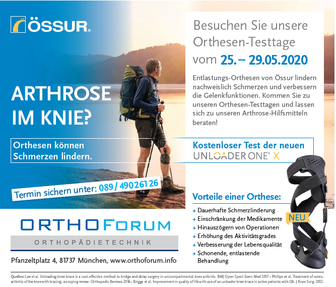 Veranstaltung Orthesen-Testtage im Orthoforum Sanitätshaus in München vom 25.-29.5.2020: Wir beraten Sie zu Arthrose-Hilfsmitteln, die Schmerzen lindern, OPs herauszögern und Ihren Aktivitätsgrad erhöhen sowie Ihre Lebensqualität verbessern können.